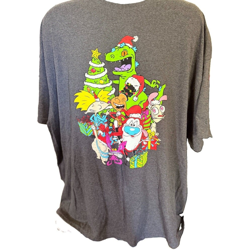 Nickelodeon Christmas Graphic T-Shirt mens gray Size XXXL Ren & Stimpy Raptar